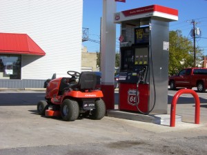 lawn mower at the gas pump